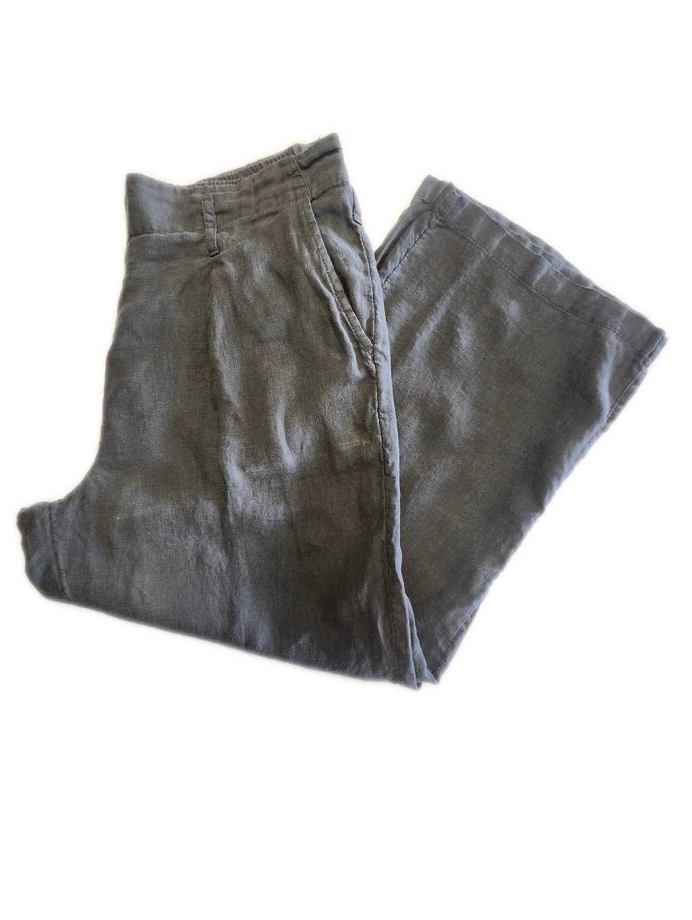 Nicole Miller 100% Linen Olive Green Cropped Wide Leg Pull-on Pants, M - Picture 2 of 6